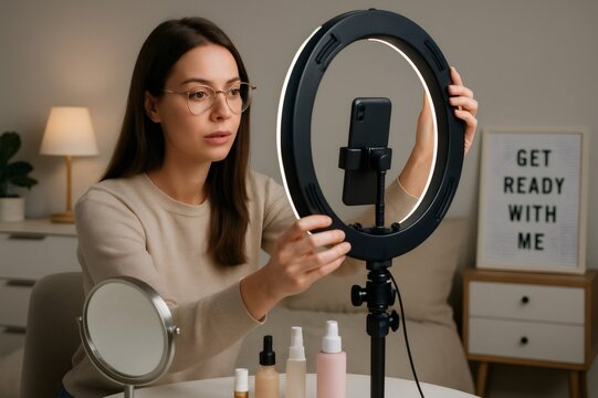 Woman adjusting a ring light for video recording, with makeup and skincare products on a desk, creating a professional setup for content creation