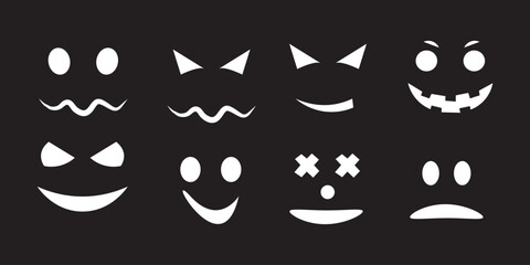 Jack-o-Lantern Faces Collection for Halloween Pumpkin Carving, Black Silhouette Pumpkin Faces. Jack-o-Lantern Design, Halloween Face Icon Set. Jack-o-Lantern Illustrations for Halloween Decor