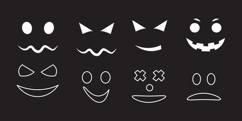 Jack-o-Lantern Faces Collection for Halloween Pumpkin Carving, Black Silhouette Pumpkin Faces. Jack-o-Lantern Design, Halloween Face Icon Set. Jack-o-Lantern Illustrations for Halloween Decor
