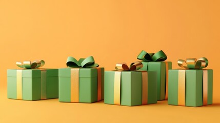 Stylized green gift boxes with golden ribbon on a vibrant tangerine background