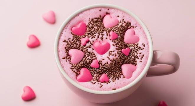 A cup of hot chocolate topped with pink heart-shaped marshmallows, surrounded by scattered hearts, capturing sweet romance and cozy moments.