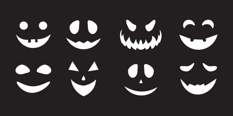 Halloween face icon set. Spooky pumpkin smile on white background. Design for the holiday Halloween. Vector illustration.