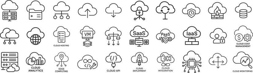 Cloud Computing Editable Stroke Icon Set | Featuring cloud storage, server, API, SaaS, deployment, analytics, firewall, sync, and more |  vector illustration | Collection of 30 outline pictogram