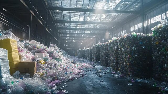 large plastic recycling facility with heaps of plastic waste and organized bales inside industrial warehouse
