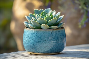 A succulent plant, Echeveria, thrives in a teal ceramic pot, bathed in soft sunlight.