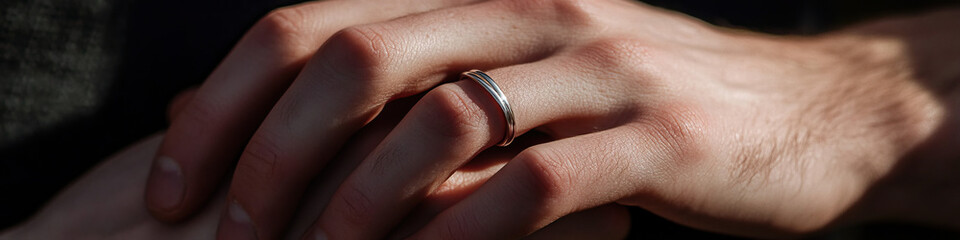 Fototapeta premium Close-up of Intertwined Hands with Double-Band Ring