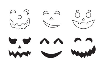 Scary Monster Faces Set. Jack O Lantern Face Halloween Pumpkin Icon Collection. Simple Creepy Horror Illustrations.