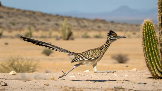 Roadrunner sprinting across desert sand