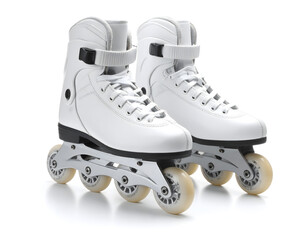 A pair of white inline roller skates on a clean, pure white background.