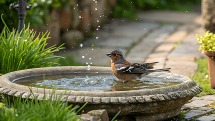 Chaffinch bathing in garden fountain