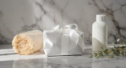 White Gift Box with Loofah and Bottle on Marble Surface Spa Essentials