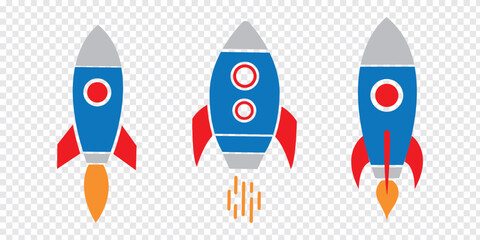 Rocket set icon. Colorful Rocket launched icon vector Illustration Icon High Quality. Blue, Red and Orange colors Rocket icon. Eps 10