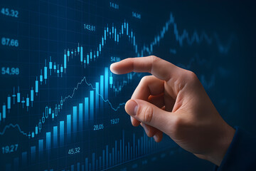 Realistic Hand Operating Futuristic Transparent Holographic Stock Market Interface with Interactive Financial Graphs, Charts, and Data Visualization Technology