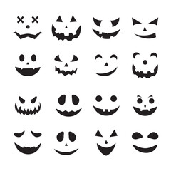 Scary Monster Faces Set. Jack O Lantern Face Halloween Pumpkin Icon Collection. Simple Creepy Horror Illustrations.