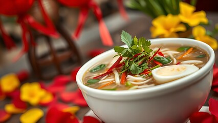 Vietnam National Day flag on silk cushion with bamboo leaves and lanterns