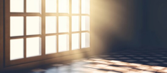 Golden hour light streaming through window illuminating checkered floor