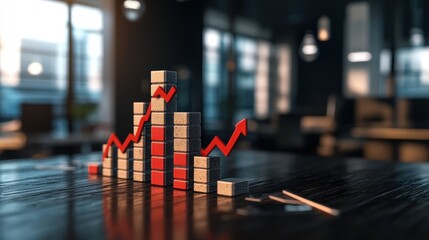 Business growth concept with stacked blocks and rising red arrows symbolizing progress and success in a modern office setting