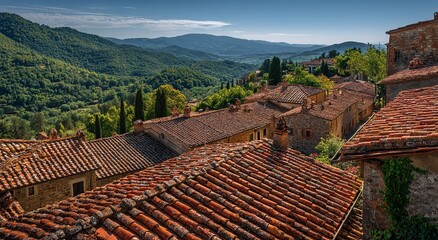 Panoramic View of Italian Village Roof Tiles with Traditional Terracotta and Rolling Hills, Rustic Charm and Old-World Elegance