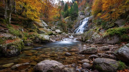 Obraz premium A hidden waterfall in a European forest with water flowing over smooth stones surrounded by colorful autumn foliage