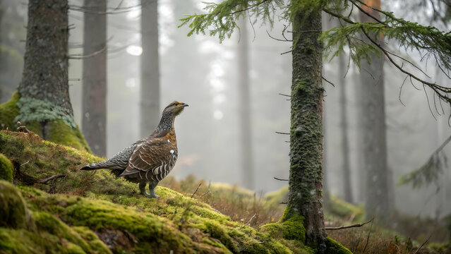 Capercaillie standing on forest floor
