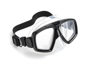 Studio shot of black scuba goggles with clear lenses on a pure white background.