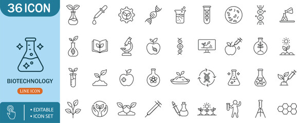 Biotechnology and DNA, Lab, Genetic, Science, Research, Plant, Experiment  Icon Setbiotech, dna, gene, lab, test, science, biology, research, flask, molecule, chemistry, experiment, syringe, medical,
