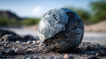 Weathered sphere rests on rocky ground.