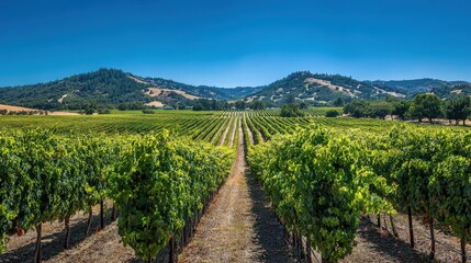 Fototapeta premium A lush vineyard landscape in summer with symmetrical vine rows, full grape clusters, and clear blue skies overhead