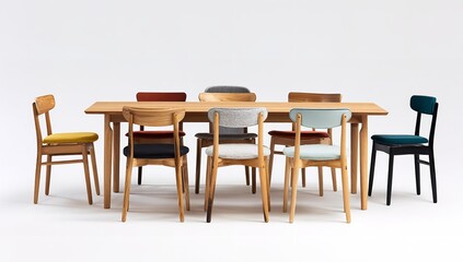 Fototapeta premium Mixed Style Wooden Dining Chairs and Oak Table on White Background – Interior Furniture Arrangement Isolated
