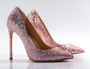 Pair of pink glitter stiletto heels with pointed toes, showcased against a white background, reflecting subtle light