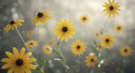 Bright yellow flowers bloom in sunlit garden, creating cheerful atmosphere