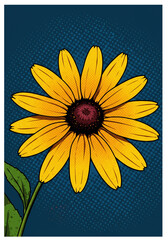 Bright yellow flower with dark center and green leaves against blue background