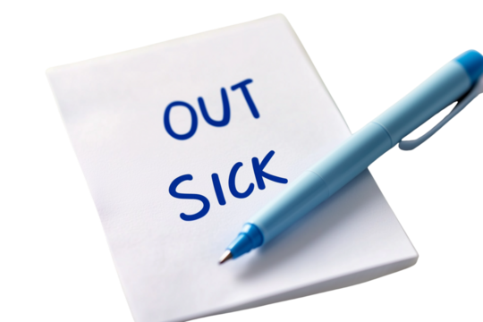 Note stating "Out Sick" with blue pen on white paper  