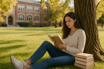 Young woman sits under a tree on a college campus, engrossed in a book. A stack of books is beside her, with a historic building in the background