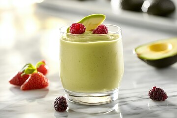 Refreshing avocado smoothie topped with raspberries and a slice of apple.