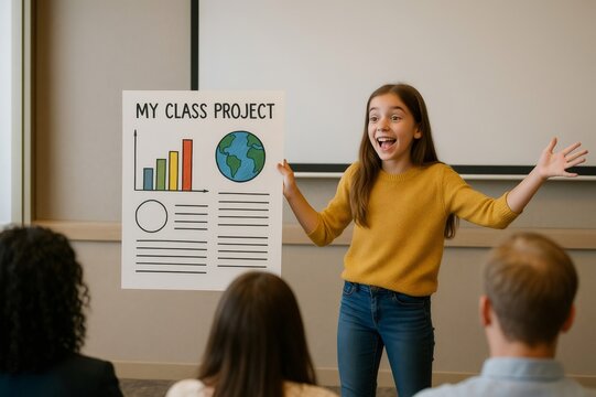 Young student presenting her class project with bar graph and drawing of Earth to audience of students and teachers