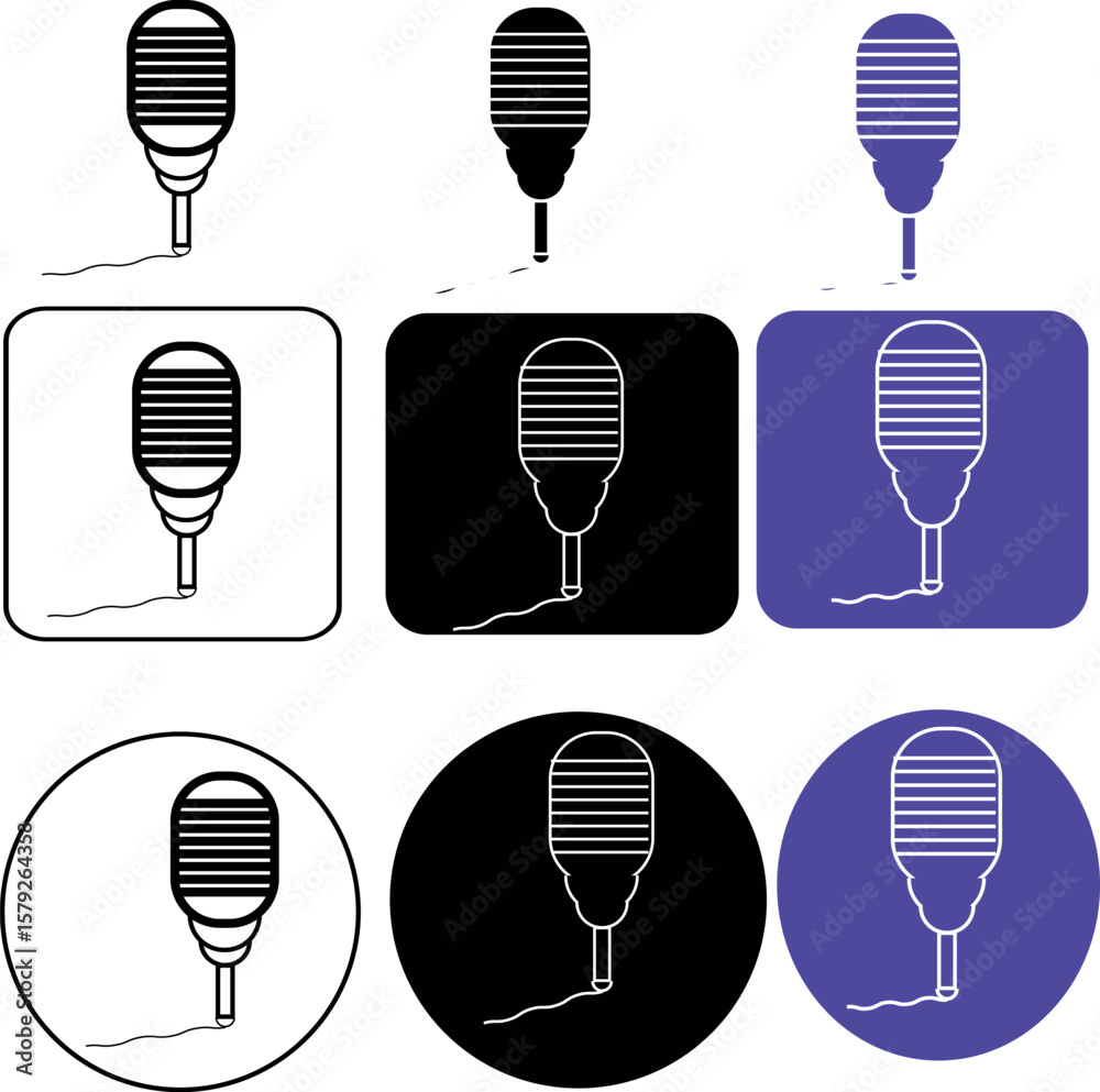 Poster a collection of microphone icons displayed in a grid with varying styles and background shapes desig