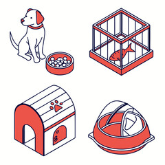 Isometric illustration of doghouse dog food bowl cage and pet carrier