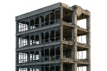 Crumbling concrete structure representing urban decay and destruction, isolated with transparent background for easy integration into projects