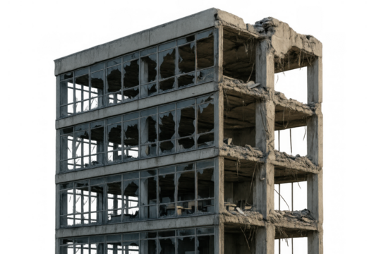 Crumbling concrete structure representing urban decay and destruction, isolated with transparent background for easy integration into projects