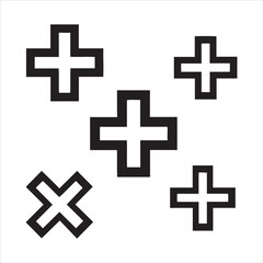 Obraz premium Geometric shapes scattered across a white background with plus and x symbols