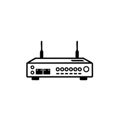 Obraz premium Black and white line drawing of a wireless internet router with two antennas, ports, and indicator lights.