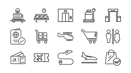 Airport linear icon set. Travel, ticket, aviation, baggage, airplane, terminal, passport, transport, seat, wifi, air station, bag, departure, and arrival areas vector icon set. UI thin line icon pack.