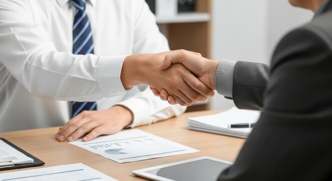 Two businessmen in formal attire shaking hands across a wooden desk with financial documents and a tablet
