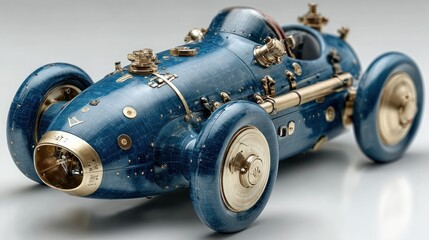Detailed model of a vintage, blue, racing car with brass accents