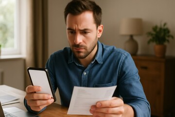 Man frowning while checking his domestic bills and comparing with his banking app on smartphone, concerned about rising costs