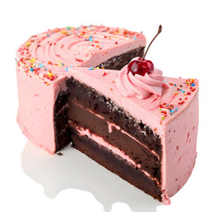 Delicious Three-Layer Chocolate Cake with Pink Frosting and Sprinkles