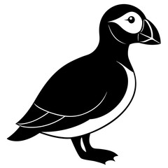 Standing puffin bird animal black and white silhouette vector illustration