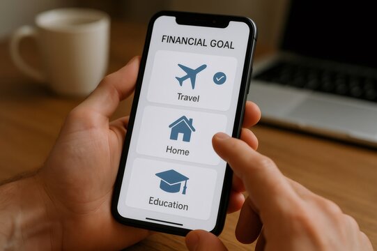 Close up of hands holding smartphone displaying financial goals including travel, buying home, and education