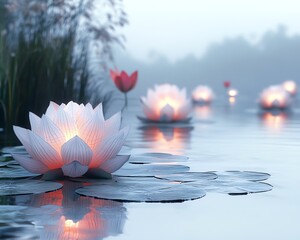 Serene floating lotus lanterns illuminate a tranquil pond at dawn. Peaceful, calming atmosphere.